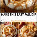 Small dipping bowl of caramel apple cheesecake dip surrounded by sliced apples and graham crackers at a fall party. 26